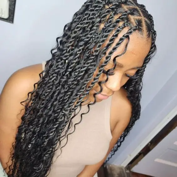 Mid-Back Dark Wavy Braids With Curly Ends Mid-Back Dark Wavy Braids With Curly Ends — Simple Boho Braids