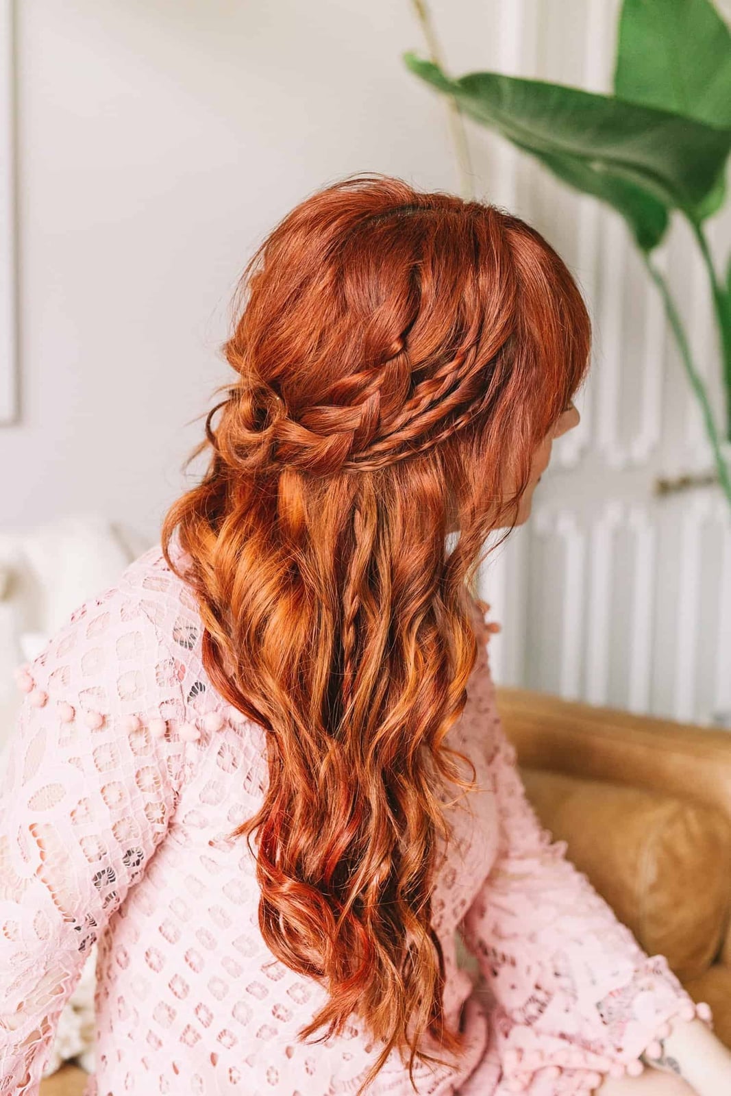 Long Wavy Auburn Half-Up Style With Woven Braids Long Wavy Auburn Half-Up Style With Woven Braids — Simple Boho Braids