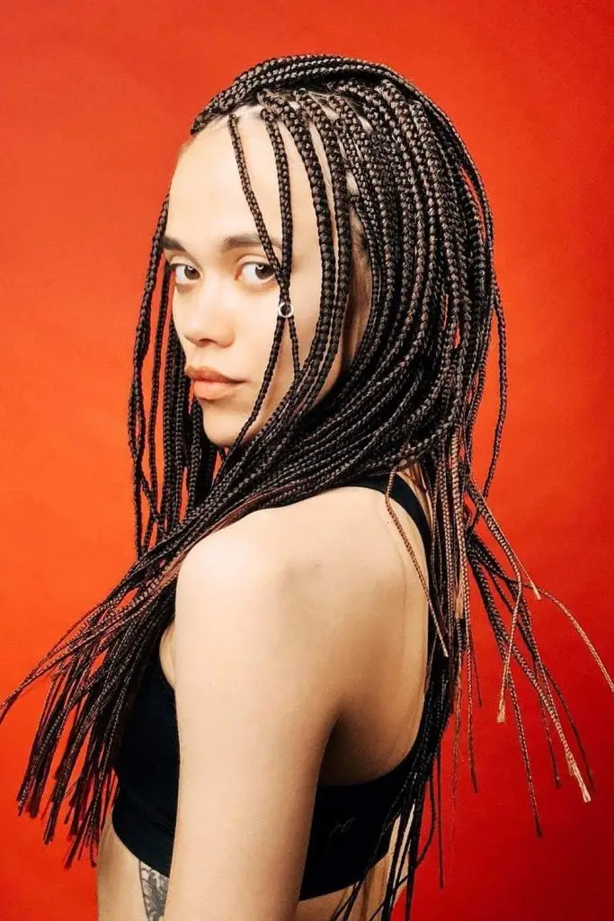 Mid-Back Black Box Braids With Red Tips Mid-Back Black Box Braids With Red Tips — Simple Box Braids