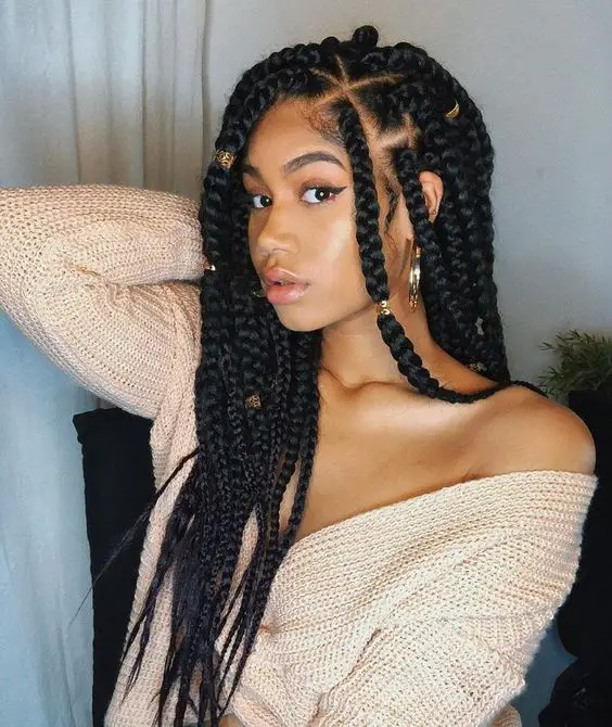 Mid-Back Black Box Braids With Gold Beads Mid-Back Black Box Braids With Gold Beads — Simple Box Braids
