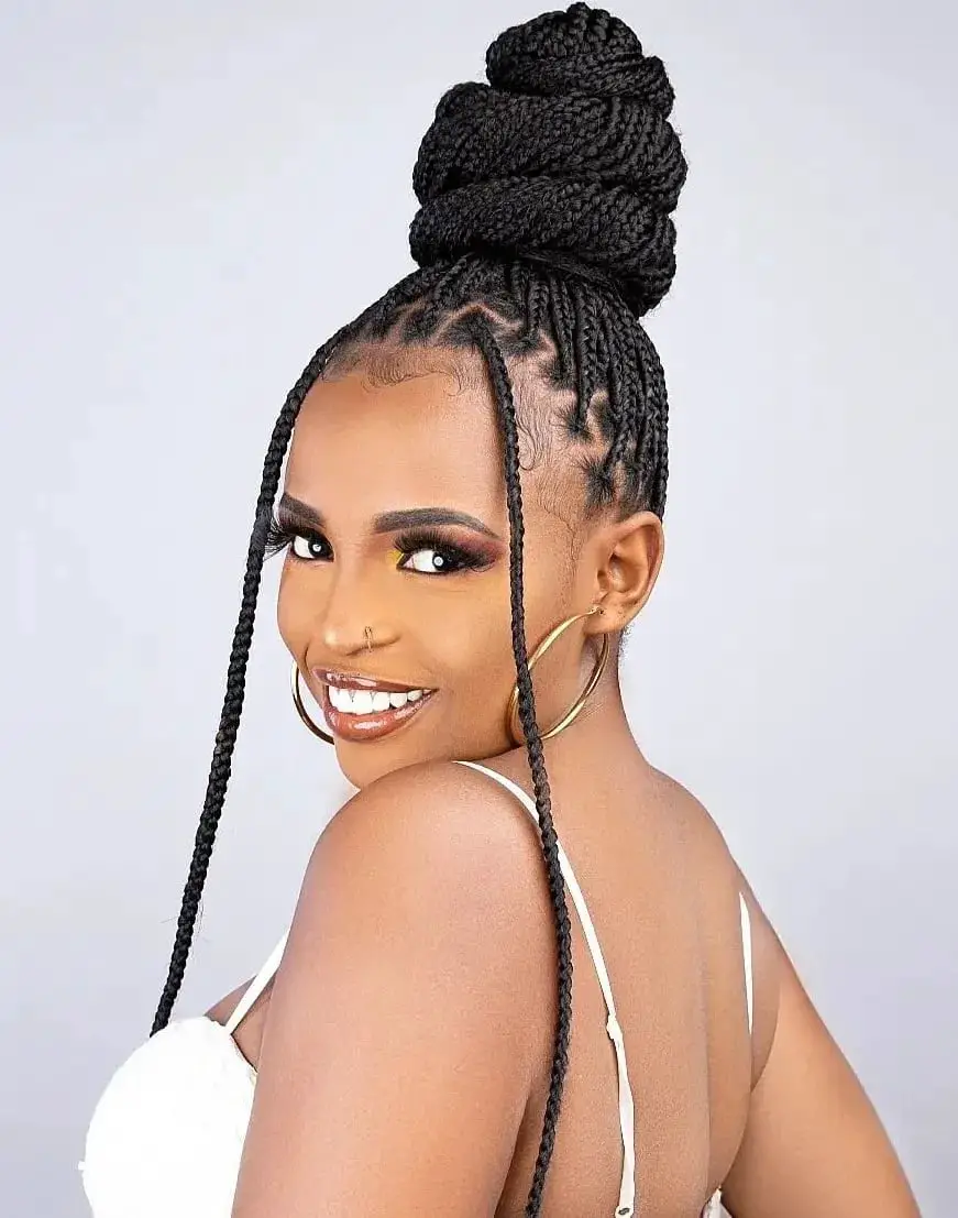 Black Box Braids Large Bun With Face Framing Strands Black Box Braids Large Bun With Face Framing Strands — Simple Box Braids