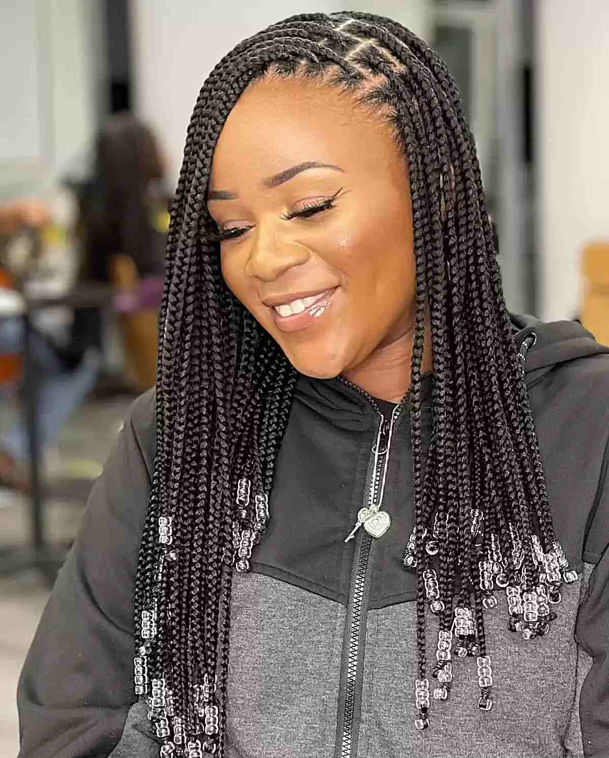 Mid-Back Box Braids With Silver Beads, Straight Mid-Back Box Braids With Silver Beads, Straight — Simple Box Braids Hairstyles
