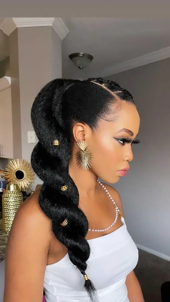 Braided Ponytail With Gold Bead Embellishments Braided Ponytail With Gold Bead Embellishments — Simple Braided Ponytail Hairstyles Black