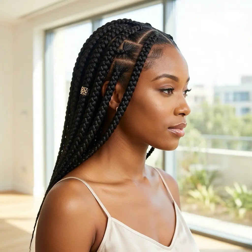 Mid-Back Box Braids With Gold Cuffs Mid-Back Box Braids With Gold Cuffs — Simple Braids for Black Women
