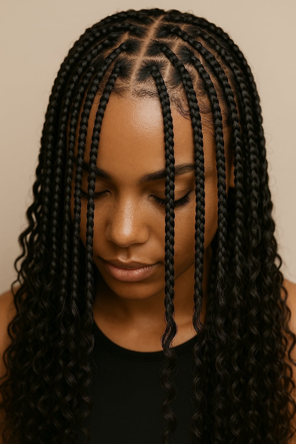 Mid-Back Braids With Curly Black Ends, Layers Mid-Back Braids With Curly Black Ends, Layers — Simple Braids on Natural Hair