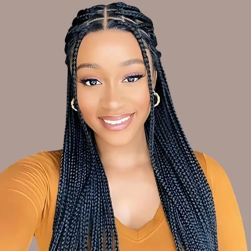 Mid-Back Black Box Braids With Detailed Parting Mid-Back Black Box Braids With Detailed Parting — Simple Braids on Top