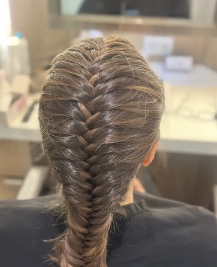 Mid-Back Brown Fishtail Braid Highlights Mid-Back Brown Fishtail Braid Highlights — Simple Braids on Top