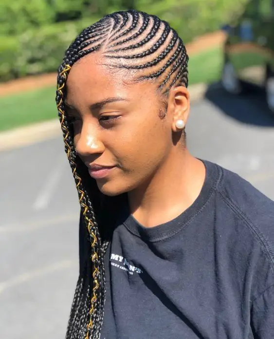 Mid-Back Black Cornrows With Gold Accents Mid-Back Black Cornrows With Gold Accents — Simple Braids to the Side