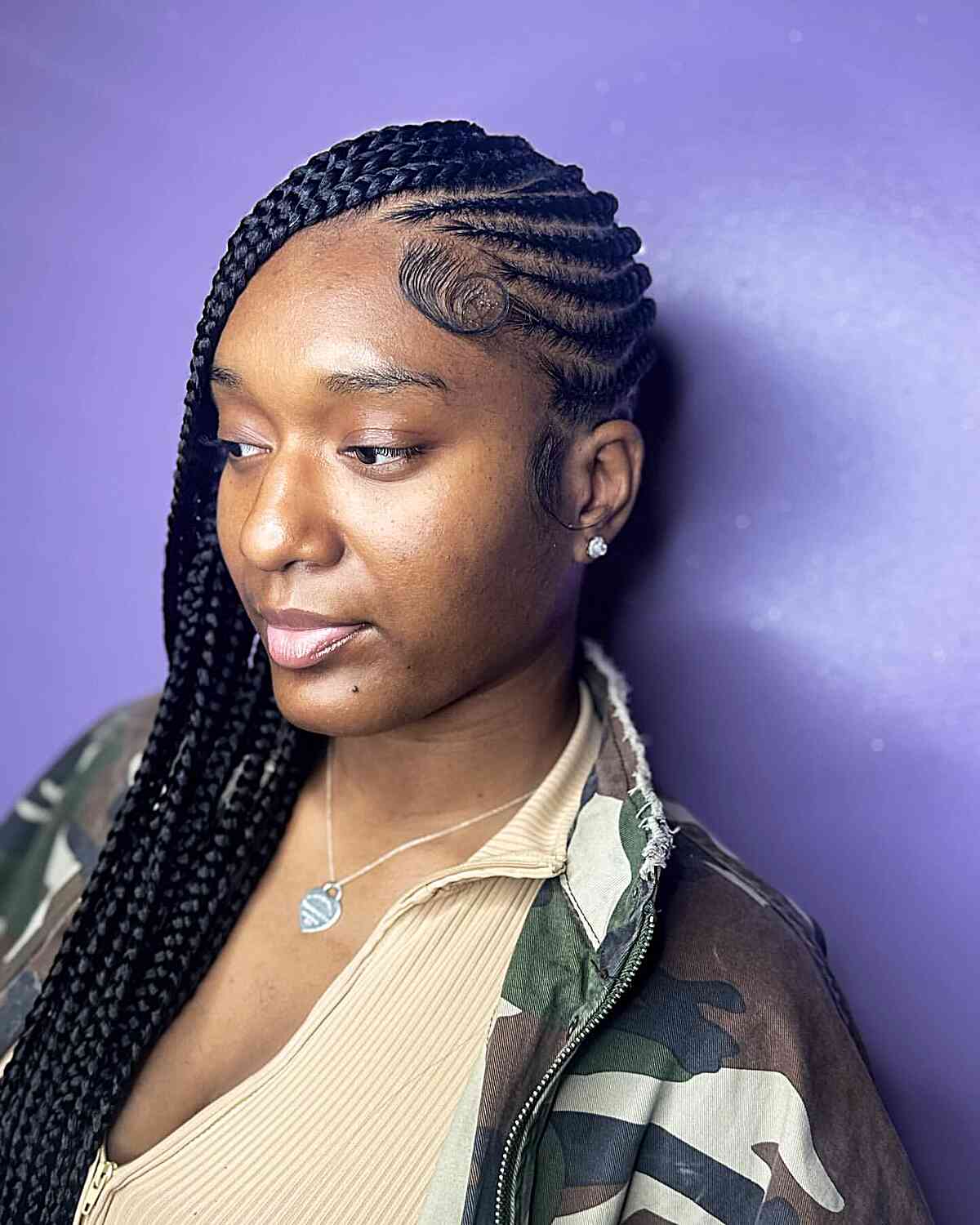 Mid-Back Black Cornrows Sweeping to a Braid Mid-Back Black Cornrows Sweeping to a Braid — Simple Braids to the Side