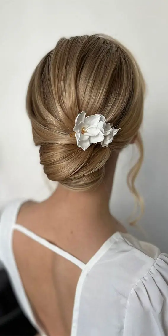 Honey Blonde Bun With Large Flower Accessory — Simple Bridal Bun