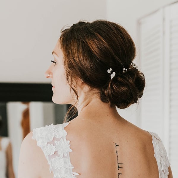 Dark Brown Low Bun With Pearl Pins — Simple Bridal Bun