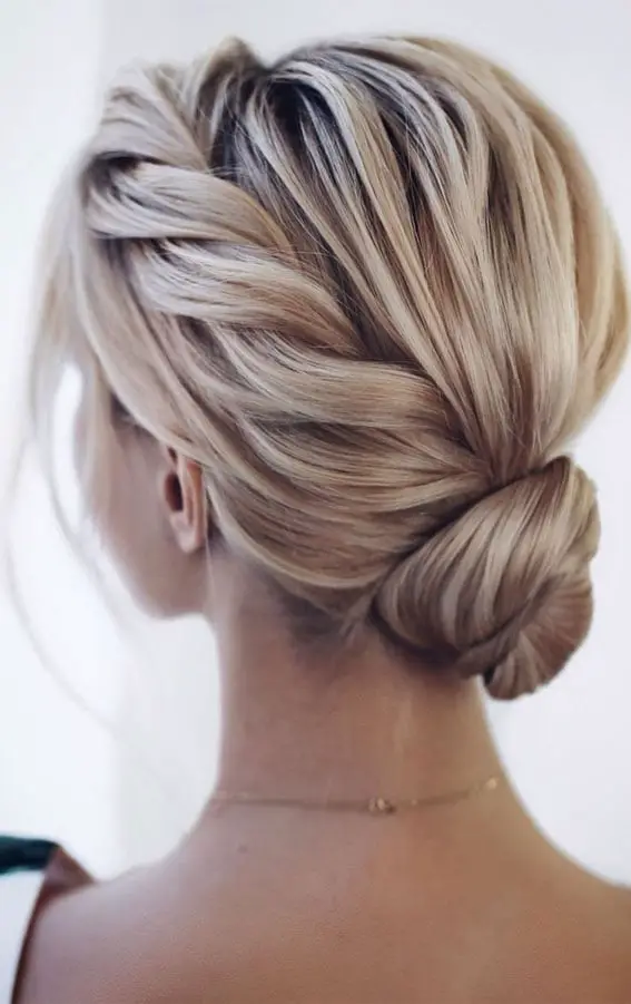 Blonde Braided Updo With Low Bun, Straight — Simple Bridal Bun