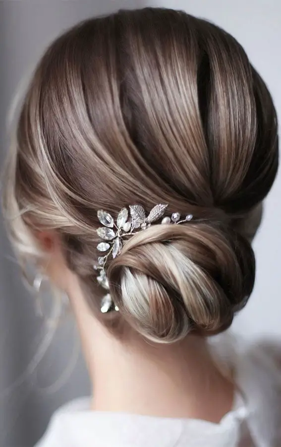 Brown Hair Low Bun With Sparkling Accessory — Simple Bridal Bun