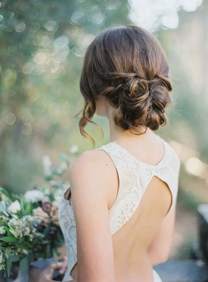 Textured Brown Bun With Nape Tendrils — Simple Bridal Bun