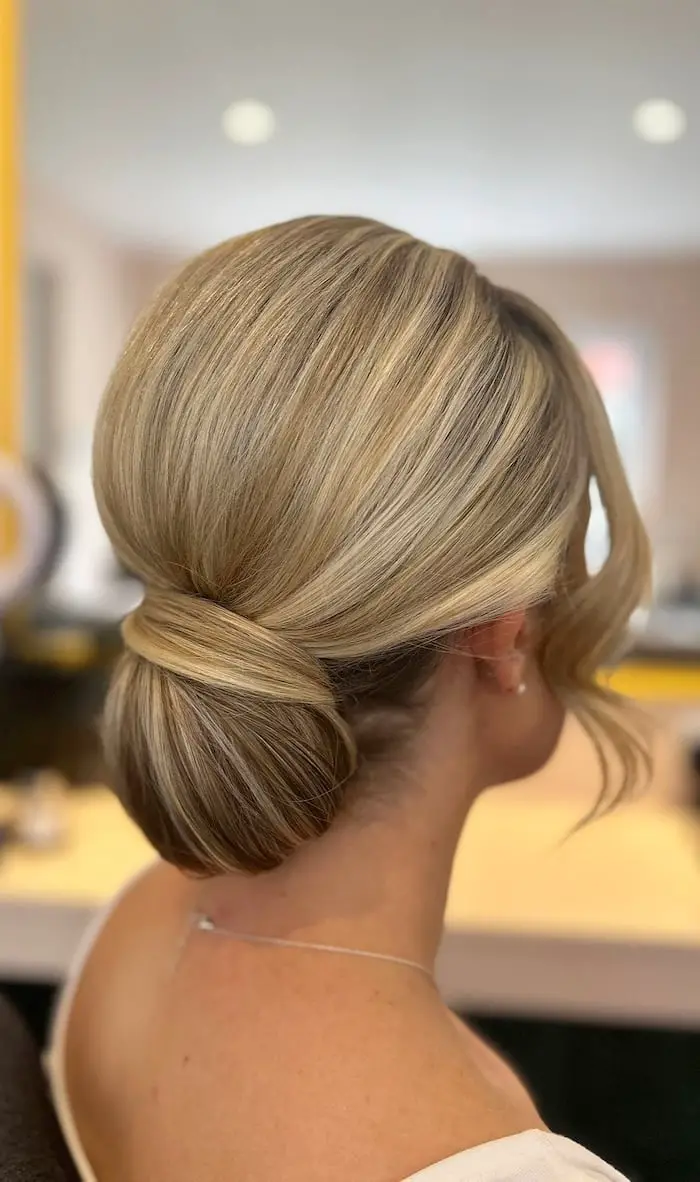 Fine Blonde Low Bun With Side Part — Simple Bridal Bun
