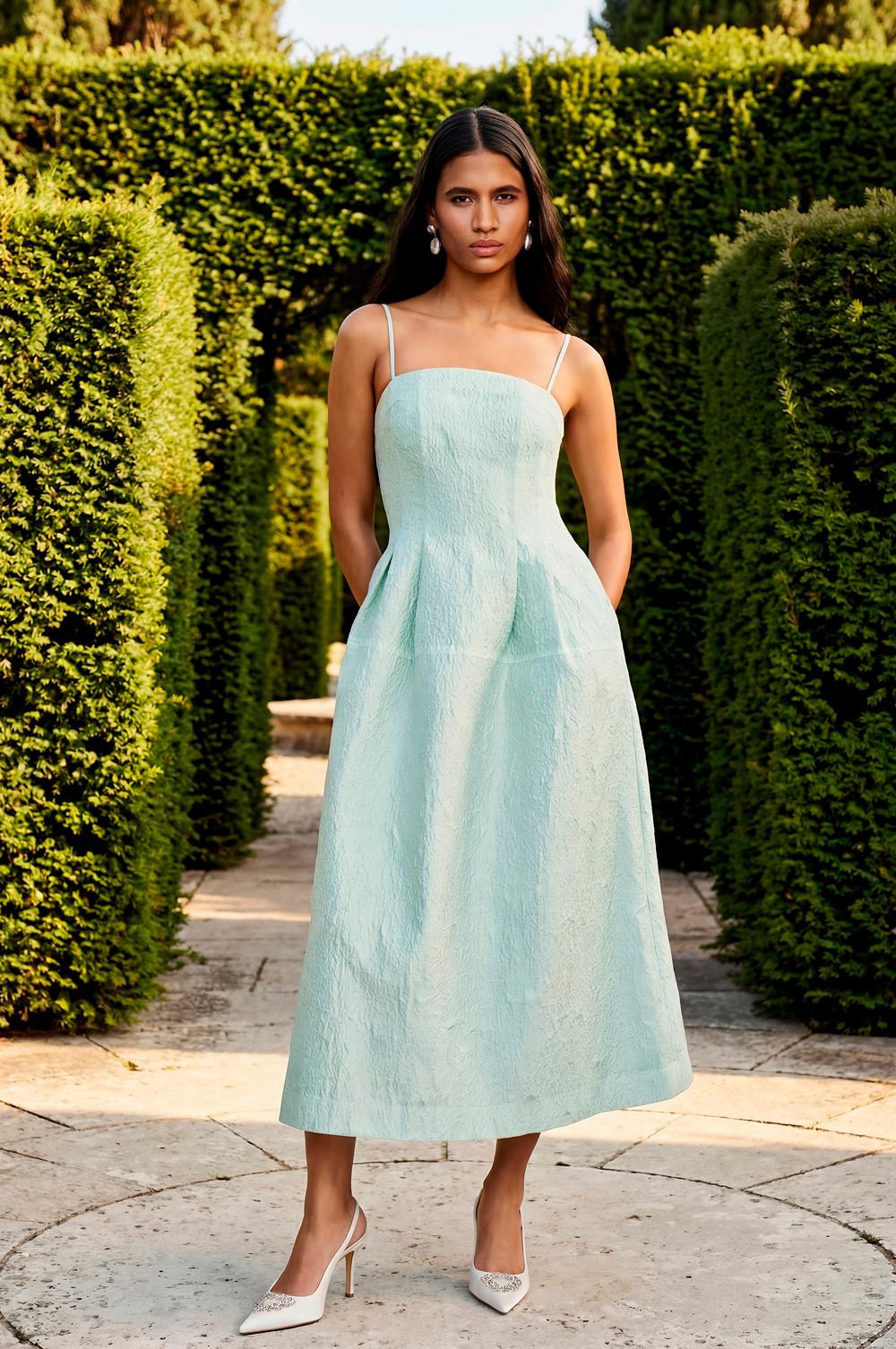 Pastel Mint Green Jacquard Midi Dress — Simple Bridal Shower Outfits for Guest