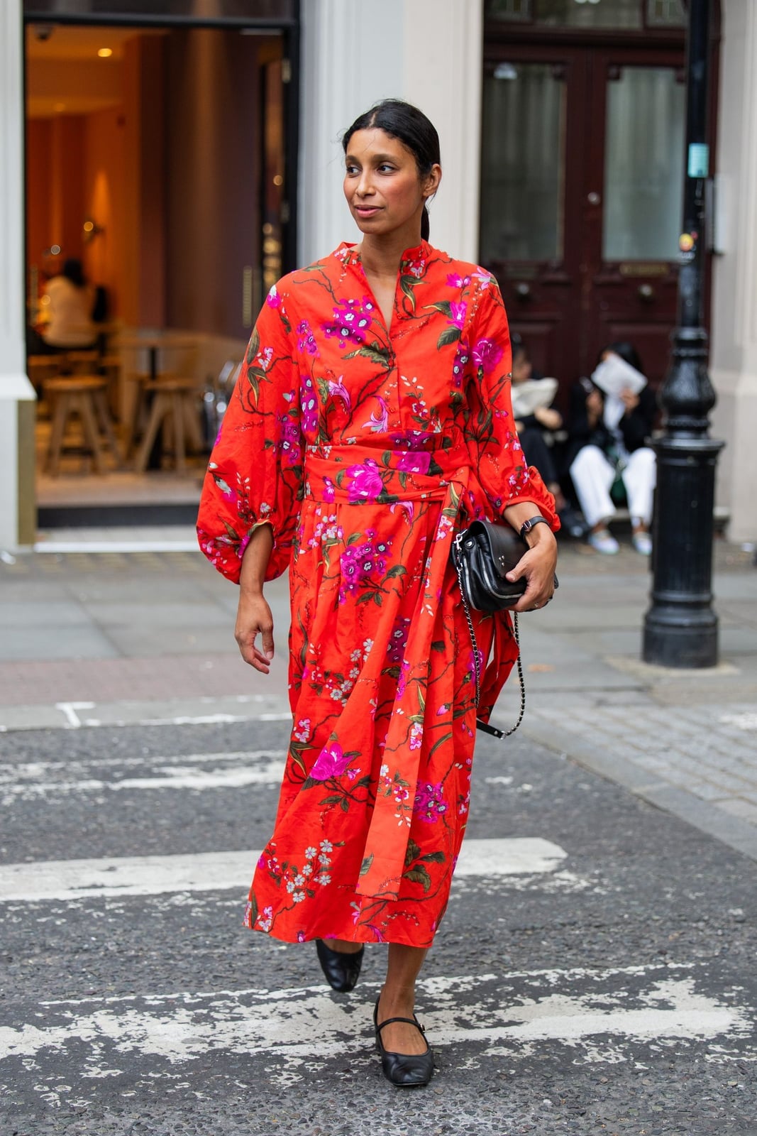 Red Floral Print Midi Dress With Belted Waist — Simple Bridal Shower Outfits for Guest
