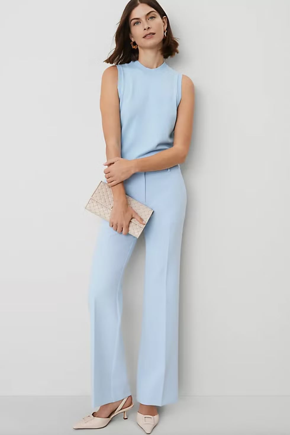 Monochromatic Light Blue Mock Neck Top And Trousers — Simple Bridal Shower Outfits for Guest