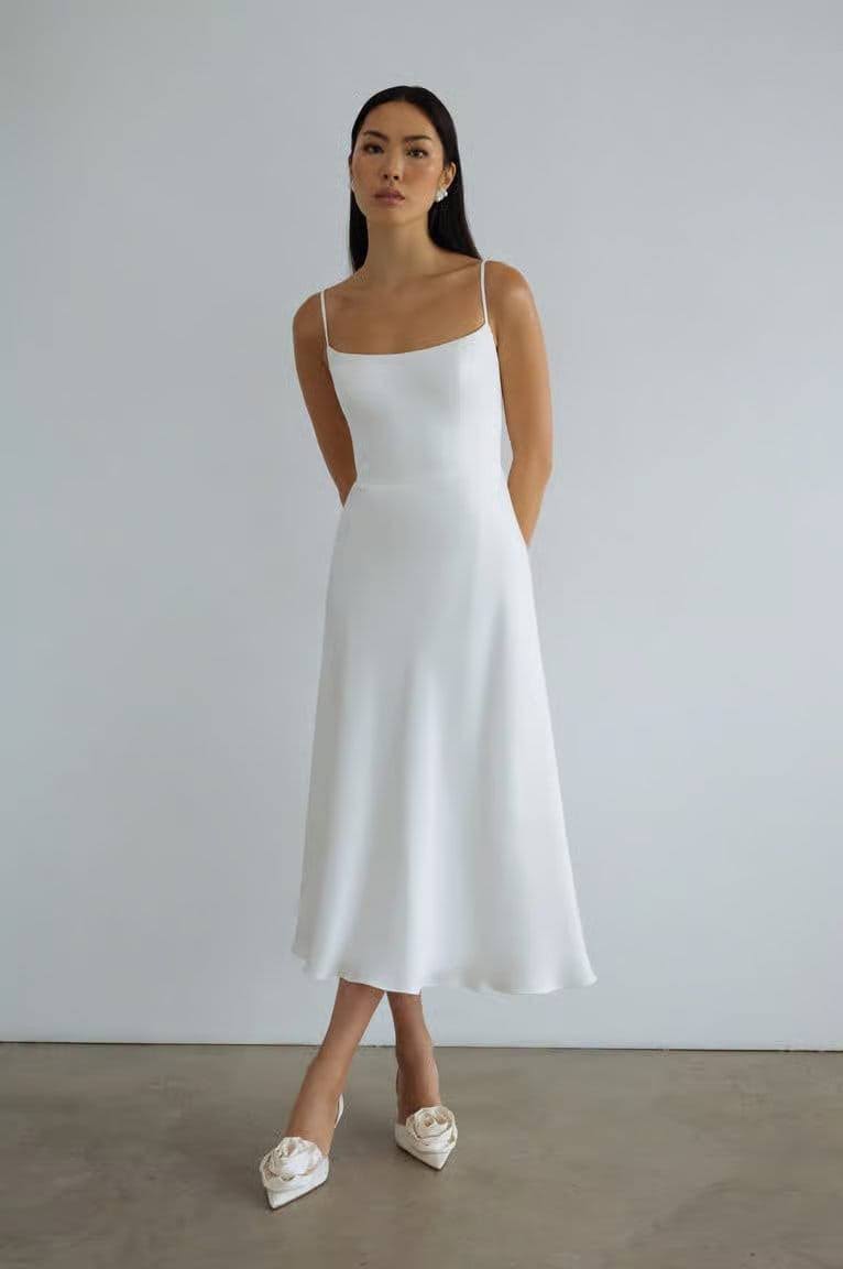 Simple White Satin Spaghetti Strap Midi Dress — Simple Bridal Shower Outfits for Guest