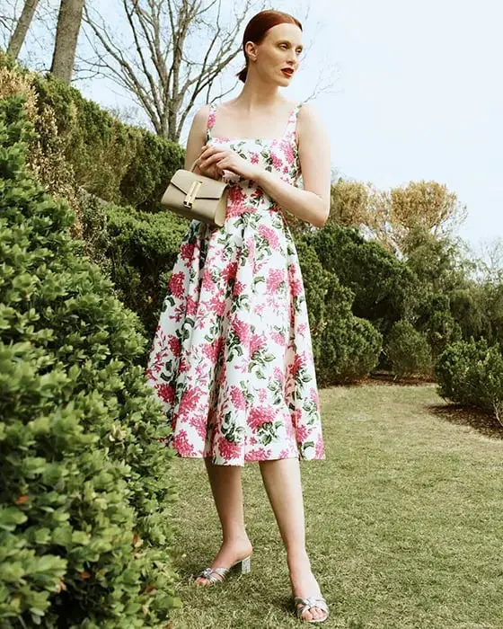 White Midi Dress With Pink Floral Print — Simple Bridal Shower Outfits for Guest