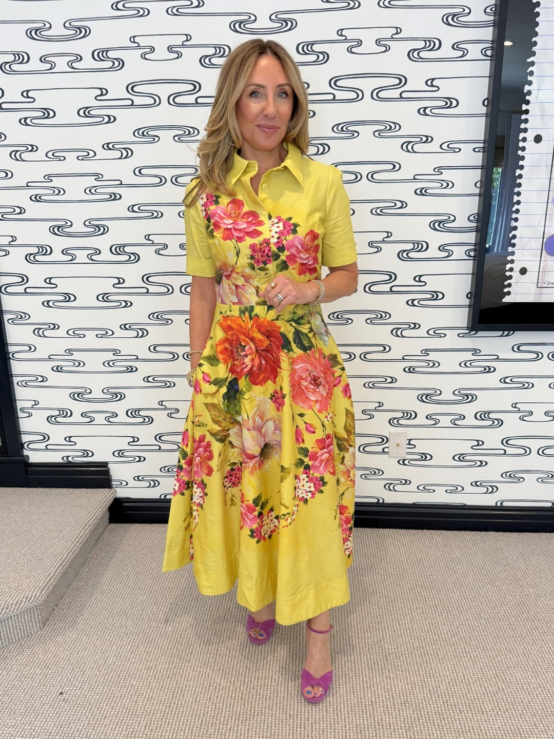 Yellow Linen Blend Floral Midi Dress — Simple Bridal Shower Outfits for Guest