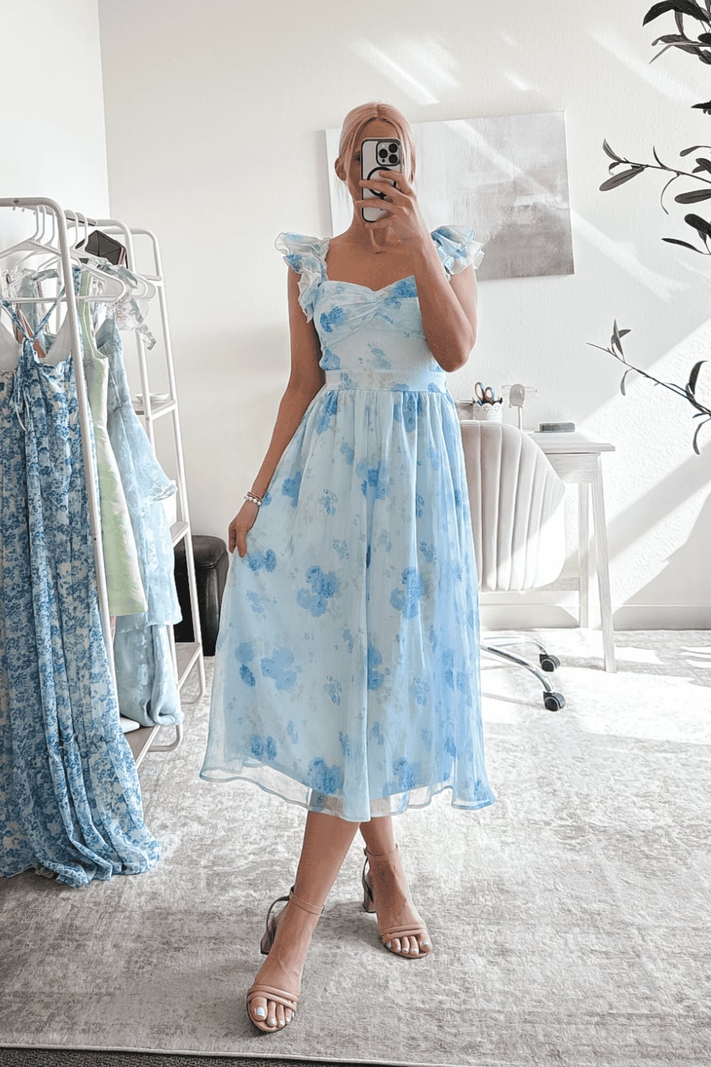 Light Blue Ruffled Sleeve Floral Midi Dress — Simple Bridal Shower Outfits for Guest