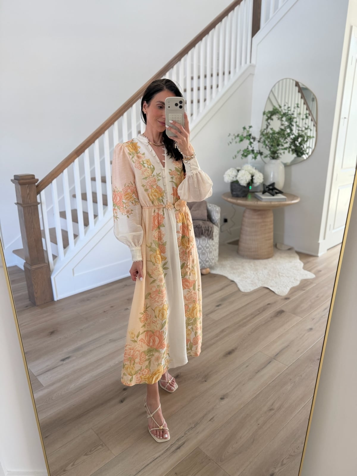 White Peach Floral Midi Dress With Puff Sleeves — Simple Bridal Shower Outfits for Guest