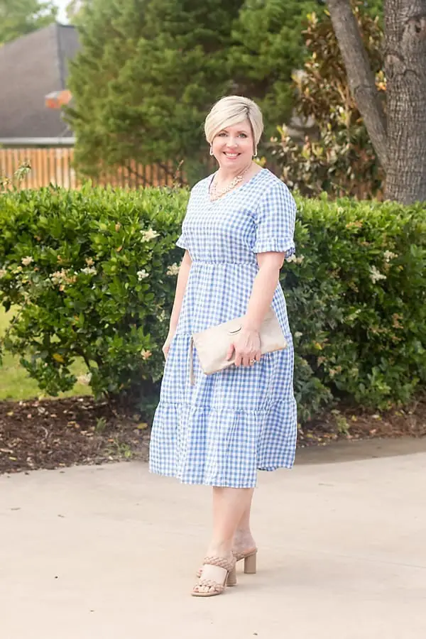 Blue Gingham Tiered Midi Dress With Beige Heeled Mules — Simple Bridal Shower Outfits for Guest