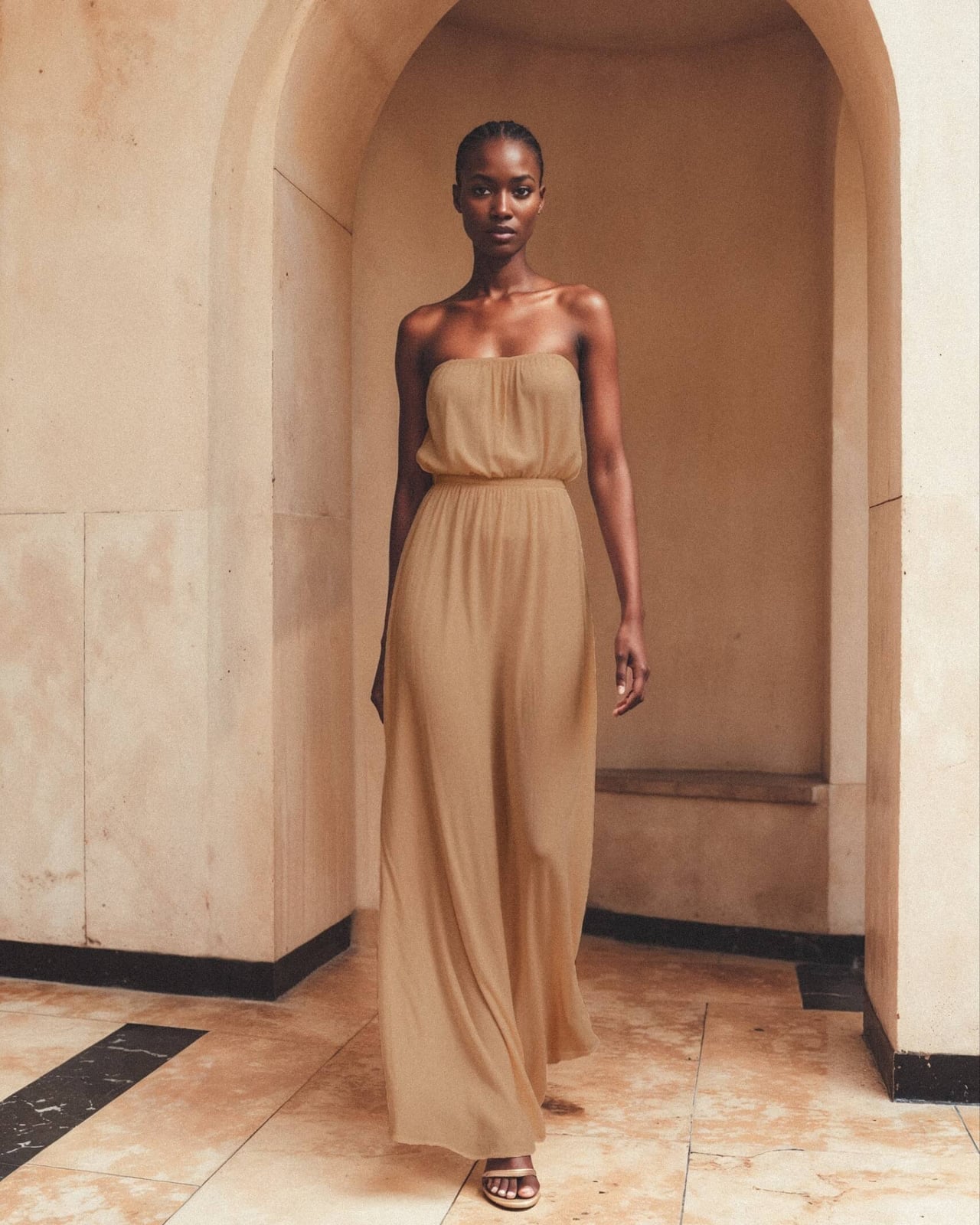 Tan Strapless Flowy Chiffon Maxi Dress, Close-Up Take — Simple Bridal Shower Outfits for Guest