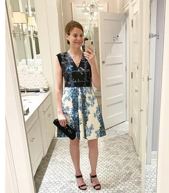 Black And White Jacquard Dress With Floral Skirt, Close-Up Take — Simple Bridal Shower Outfits for Guest