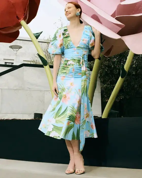 Light Blue Tropical Floral Ruched Midi Dress, Satin — Simple Bridal Shower Outfits for Guest