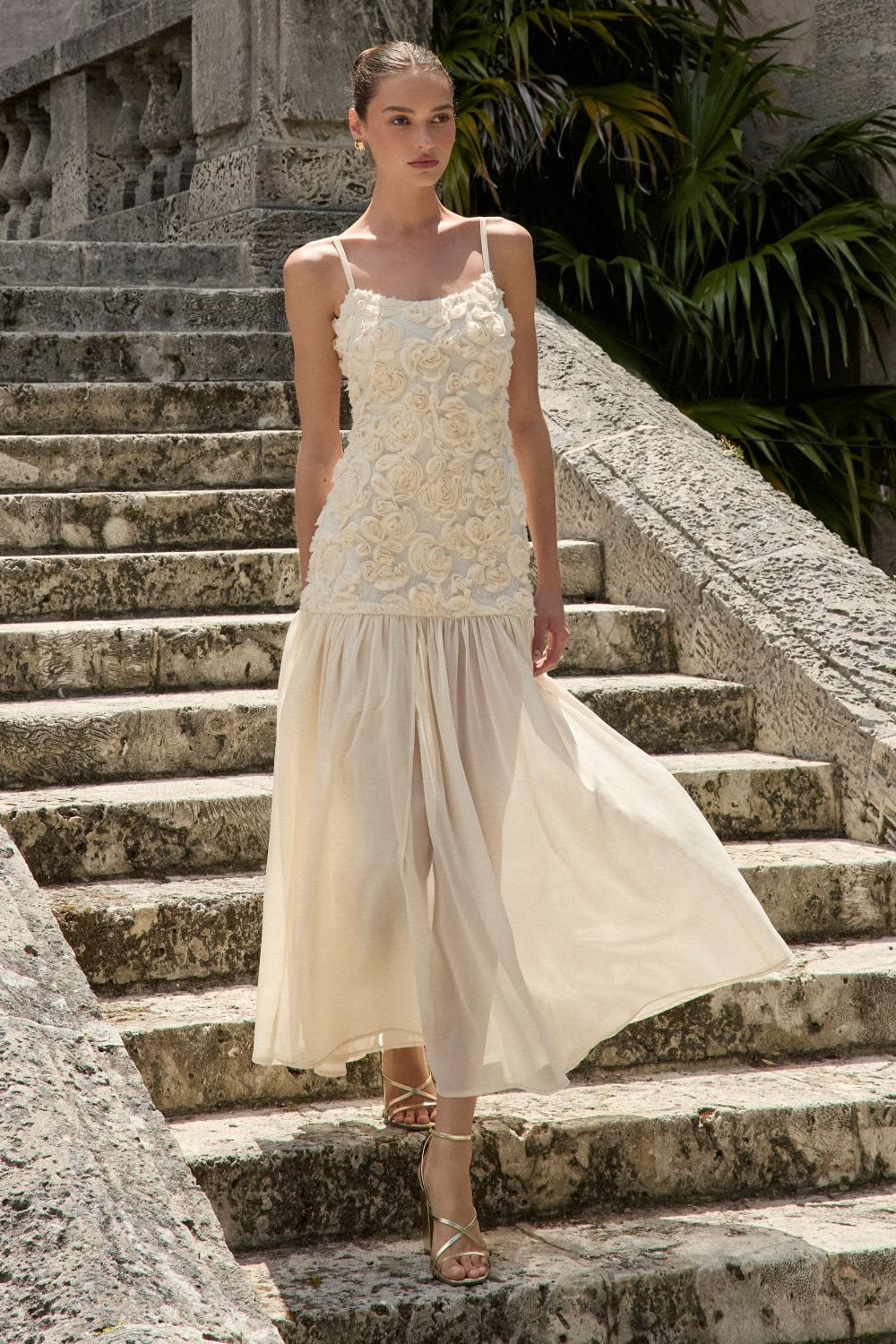 Cream Midi Dress With 3D Floral Applique — Simple Bridal Shower Outfits for Guest