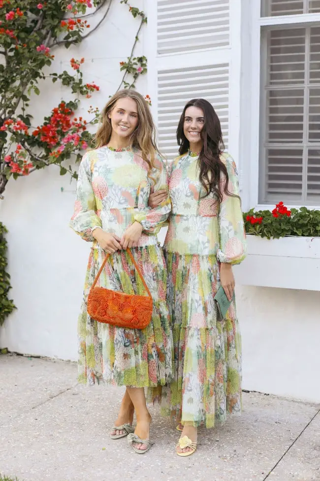 Pastel Floral Print Long Sleeve Tiered Midi Dress, Close-Up Take — Simple Bridal Shower Outfits for Guest