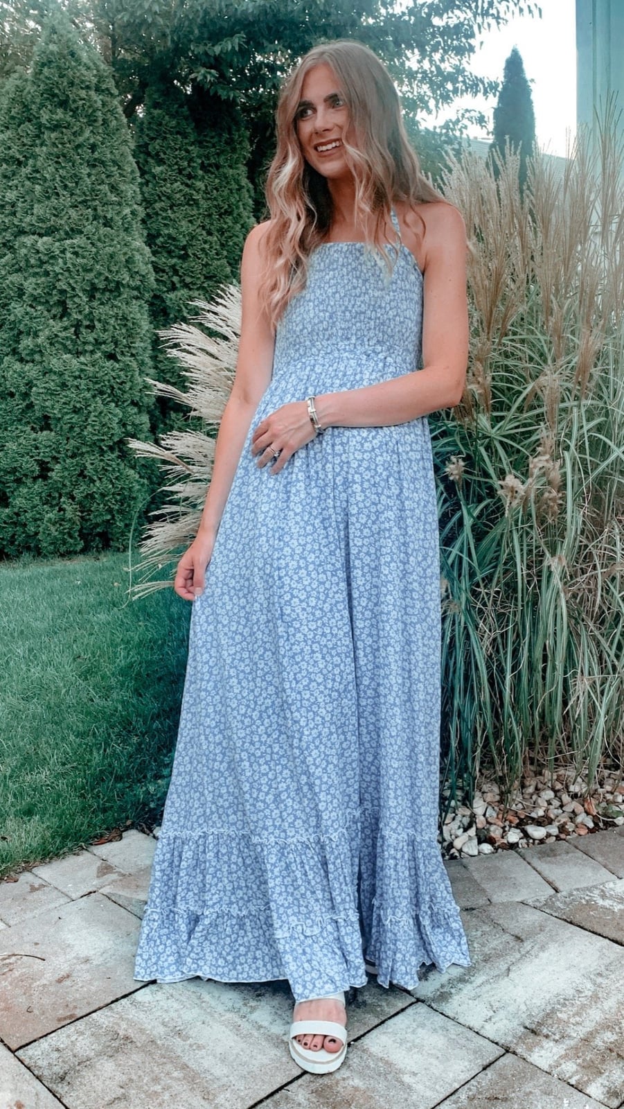 Blue Floral Print Maxi Dress With Smocked Bodice — Simple Bridal Shower Outfits for Guest