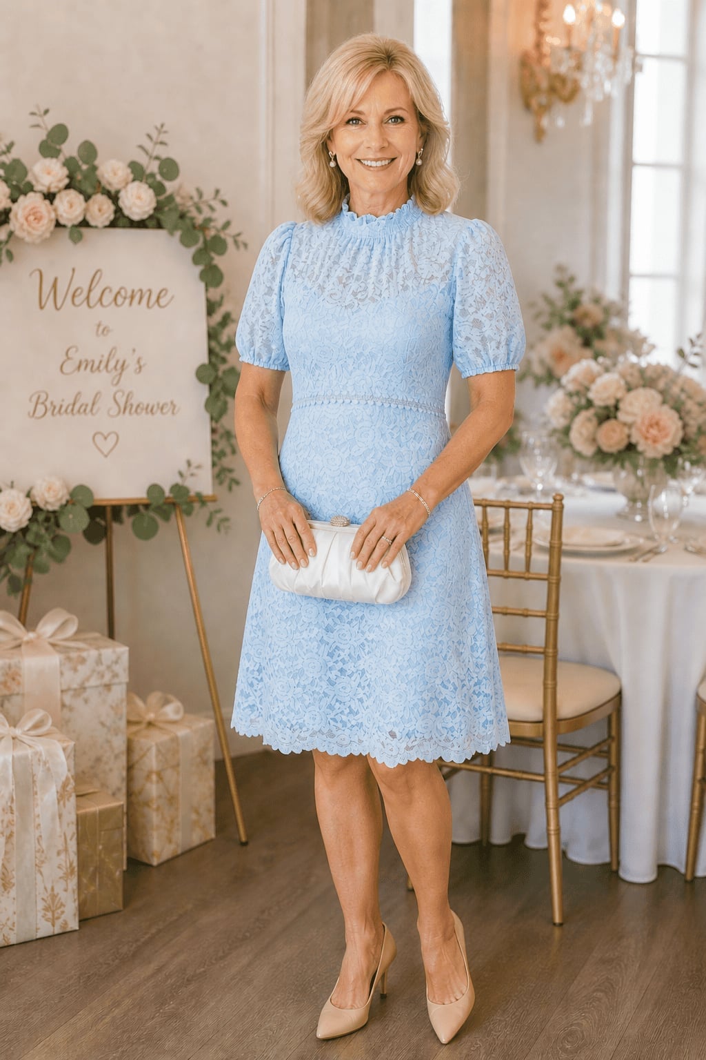 Light Blue Lace Midi Dress With Puff Sleeves — Simple Bridal Shower Outfits for Guest