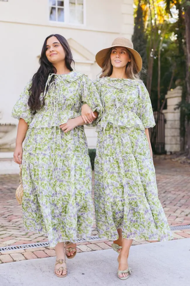 Pastel Floral Print Puff Sleeve Tiered Midi Dress With Hat — Simple Bridal Shower Outfits for Guest