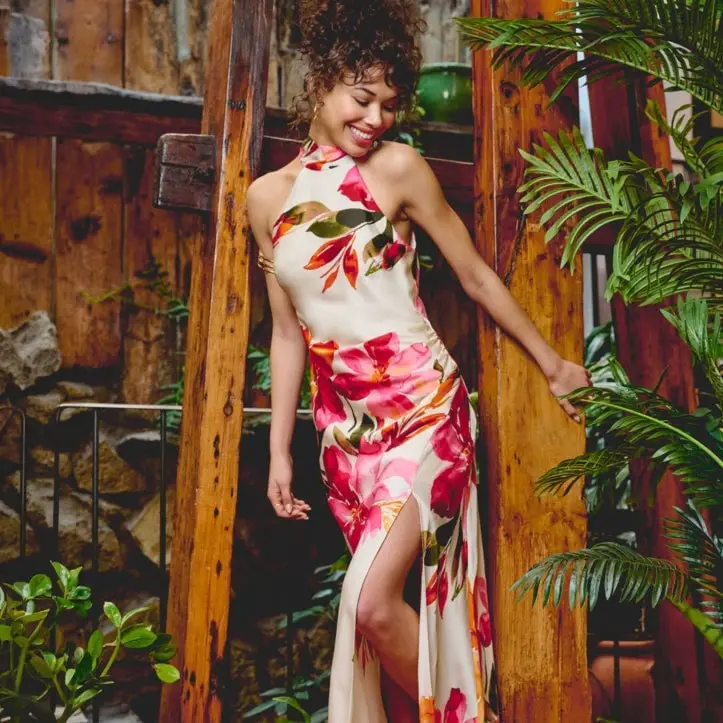 Cream Halter Neck Floral Print Maxi Dress — Simple Bridal Shower Outfits for Guest