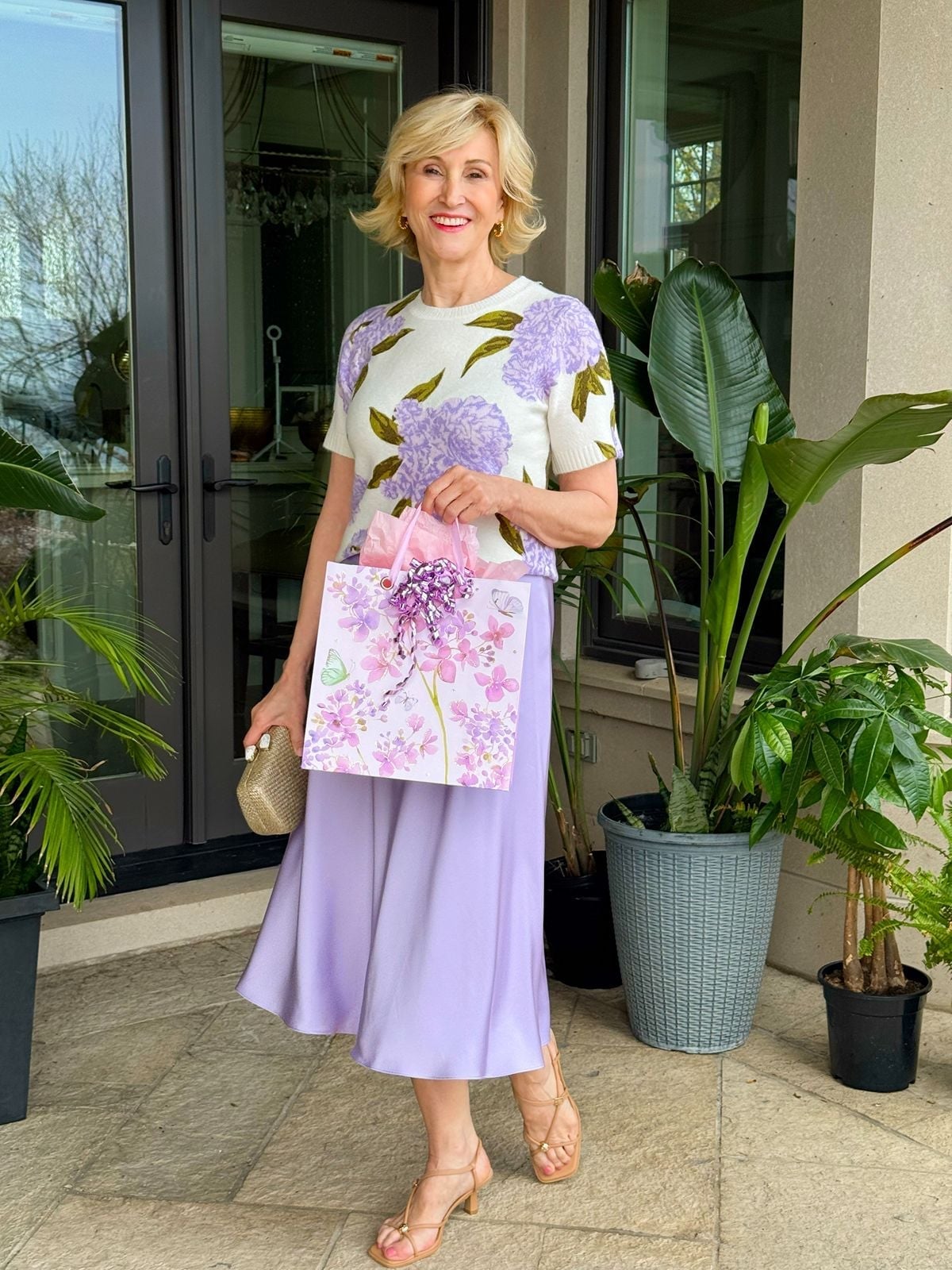 Floral Print Knit Top With Lilac Satin Skirt — Simple Bridal Shower Outfits for Guest