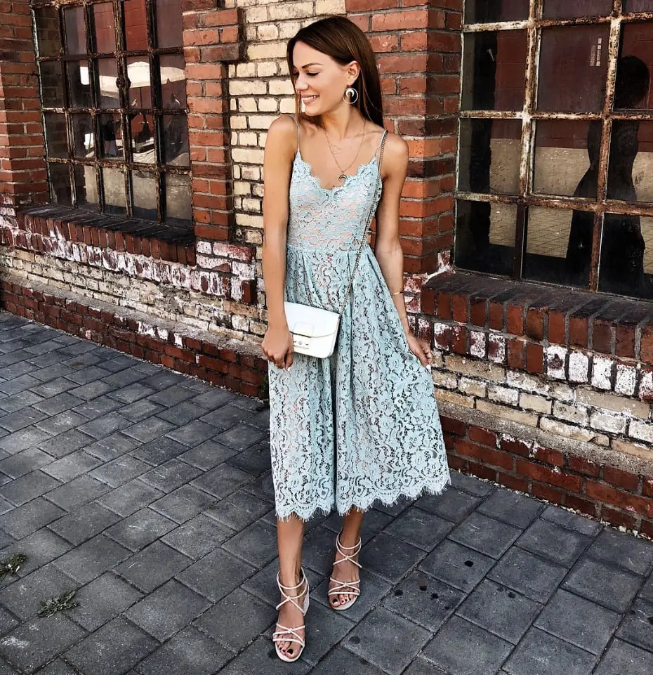 Light Blue Lace Midi Dress With Fit And Flare and White Clutch — Simple Bridal Shower Outfits for Guest