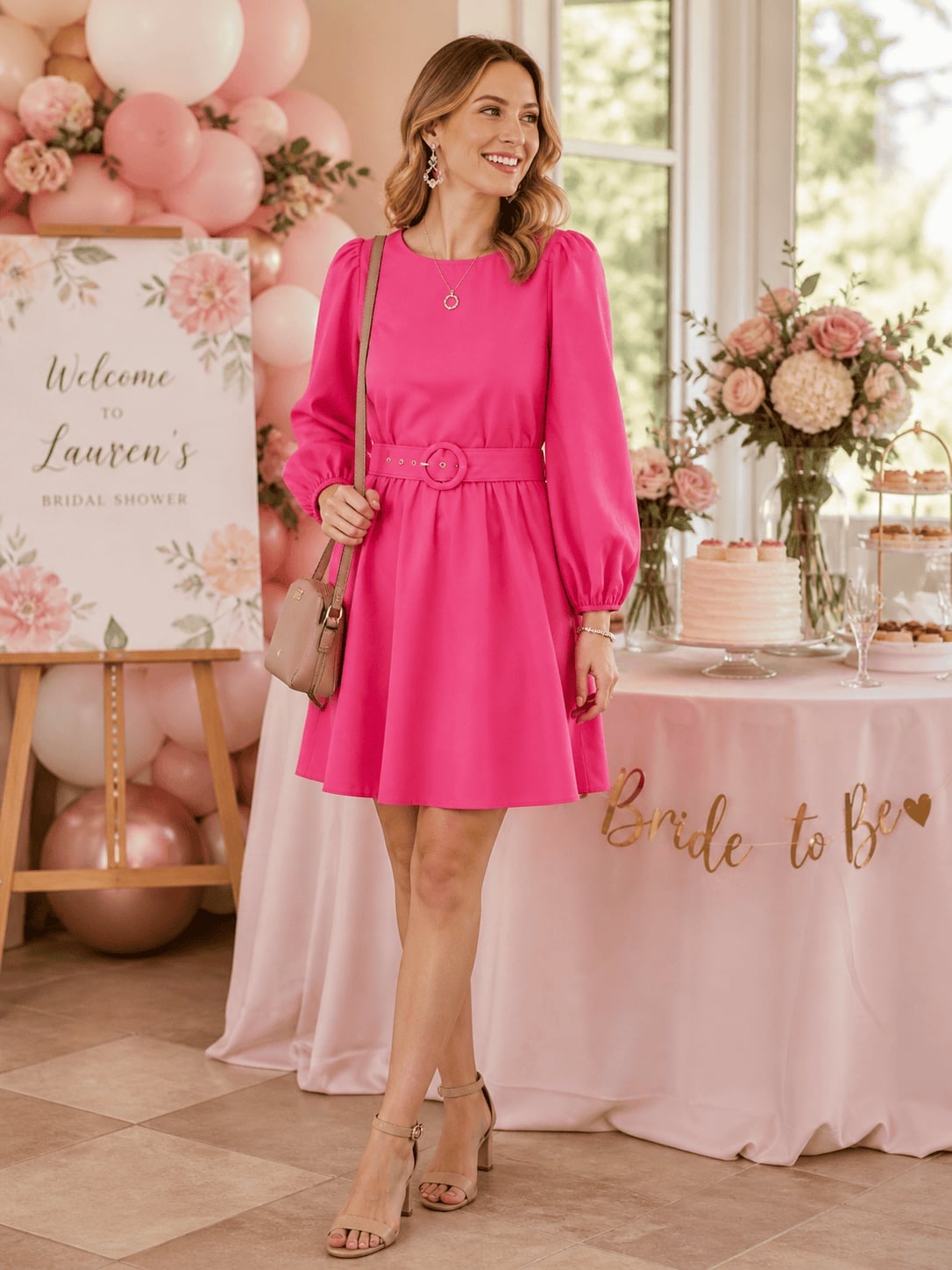 Bright Pink Puff Sleeve Mini Dress — Simple Bridal Shower Outfits for Guest