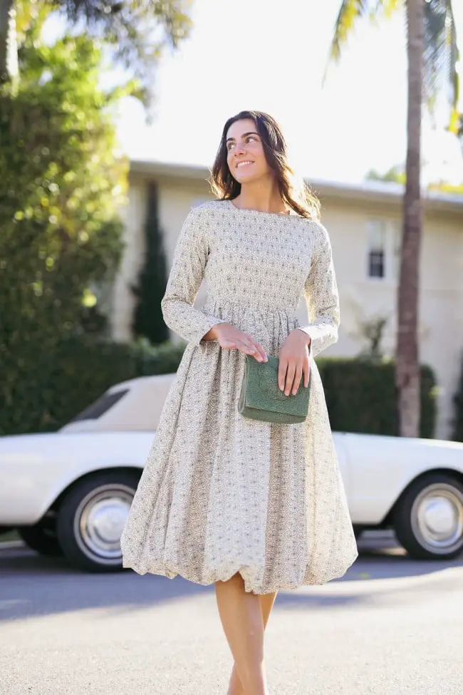 Light Cream Floral Print Midi Dress — Simple Bridal Shower Outfits for Guest