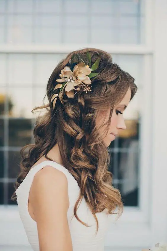 Long Medium Brown Half Up With Floral Accessory Long Medium Brown Half Up With Floral Accessory — Simple Bridesmaid Hairstyles Half Up