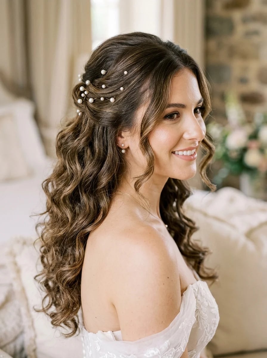 Long Brunette Half Up With Pearl Accents Long Brunette Half Up With Pearl Accents — Simple Bridesmaid Hairstyles Half Up