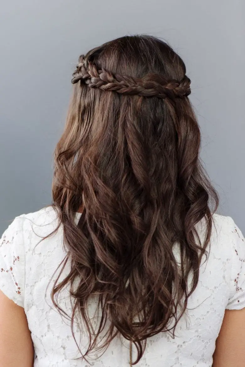 Mid-Back Dark Brown Half Up Braided Crown Mid-Back Dark Brown Half Up Braided Crown — Simple Bridesmaid Hairstyles Half Up