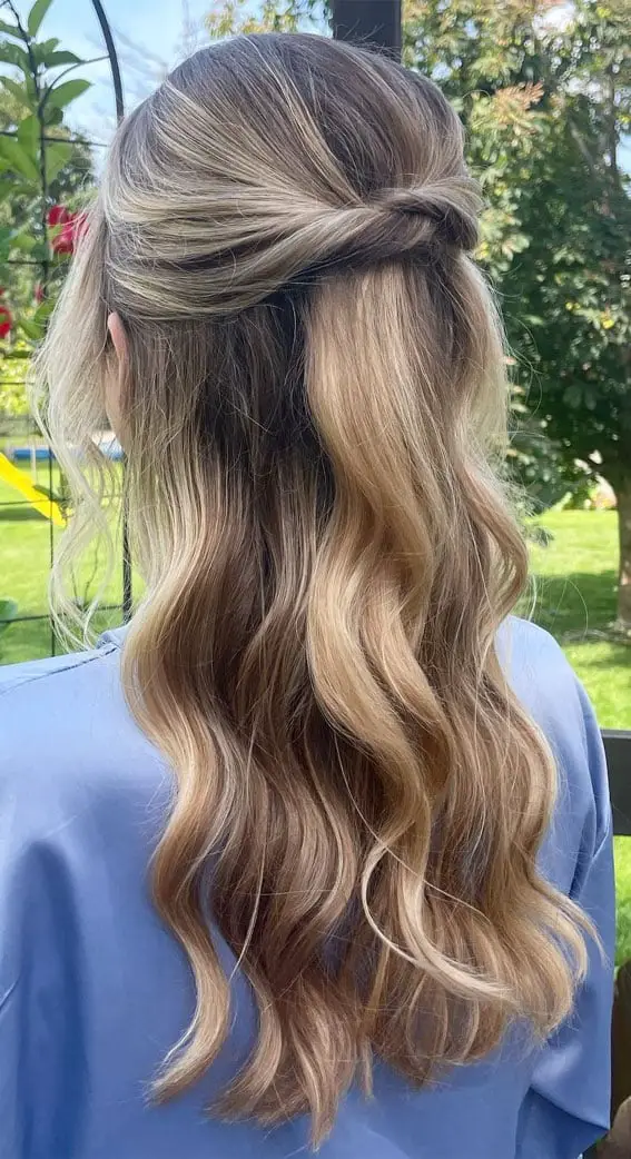 Collarbone Blonde Half Up Twisted Sections, Wavy Collarbone Blonde Half Up Twisted Sections, Wavy — Simple Bridesmaid Hairstyles Half Up