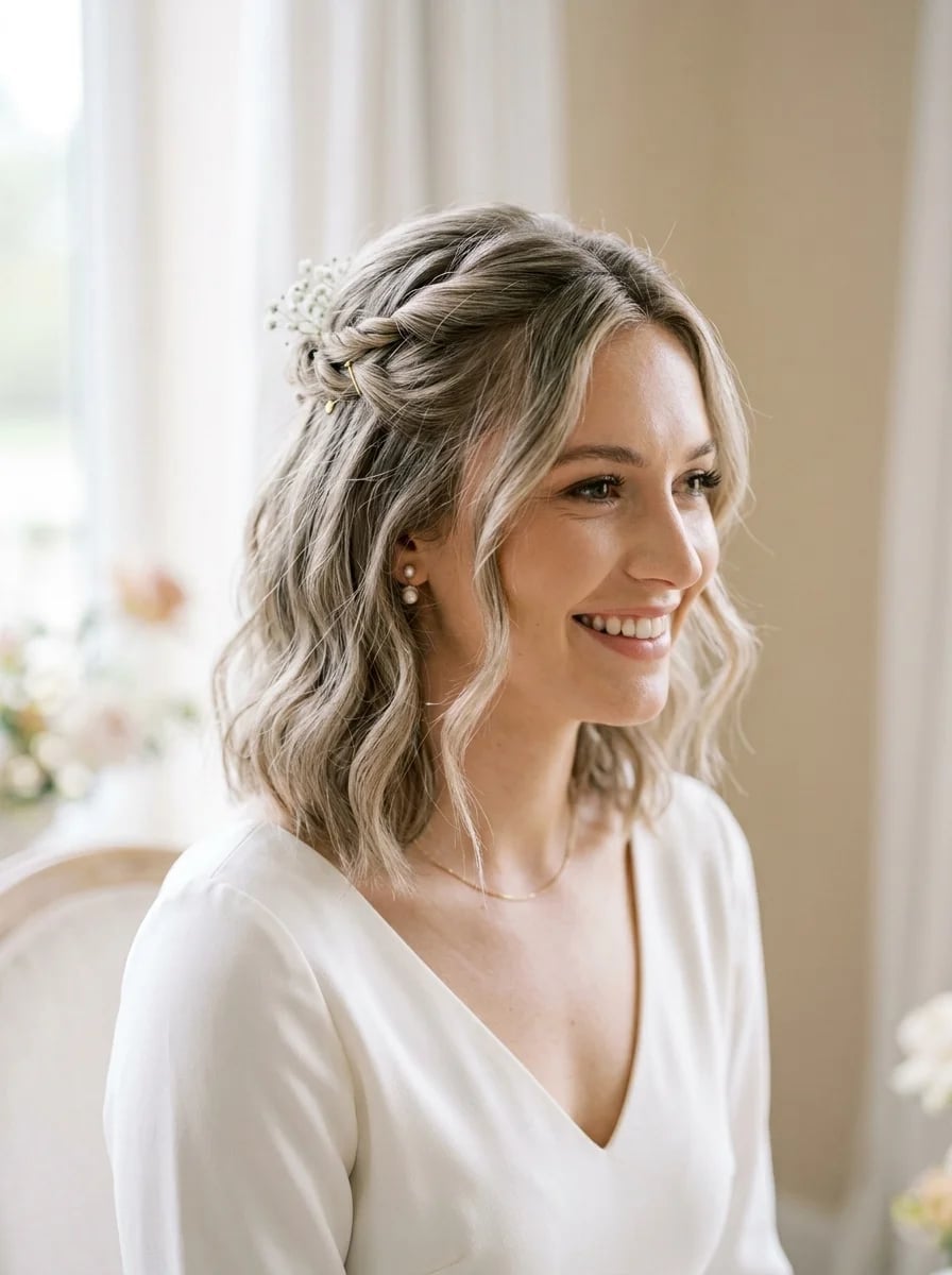 Collarbone Bob Half Up With Braid and Flowers Collarbone Bob Half Up With Braid and Flowers — Simple Bridesmaid Hairstyles Half Up