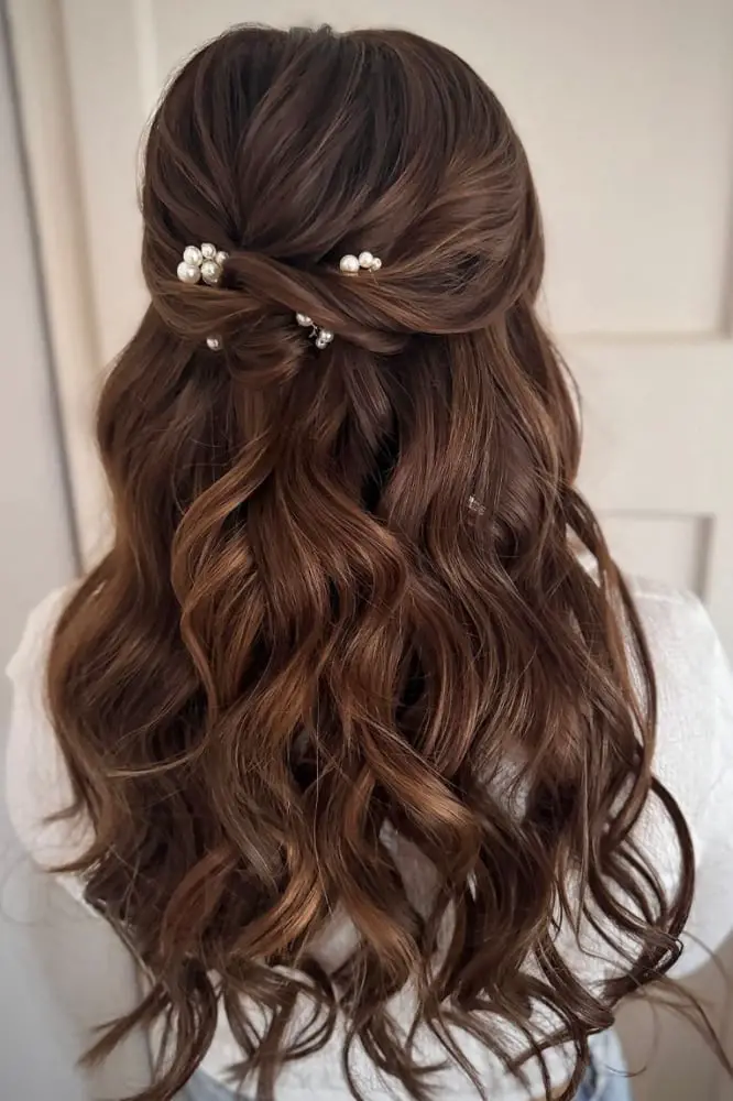 Long Dark Brown Half Up With Twisted Accent Long Dark Brown Half Up With Twisted Accent — Simple Bridesmaid Hairstyles Half Up