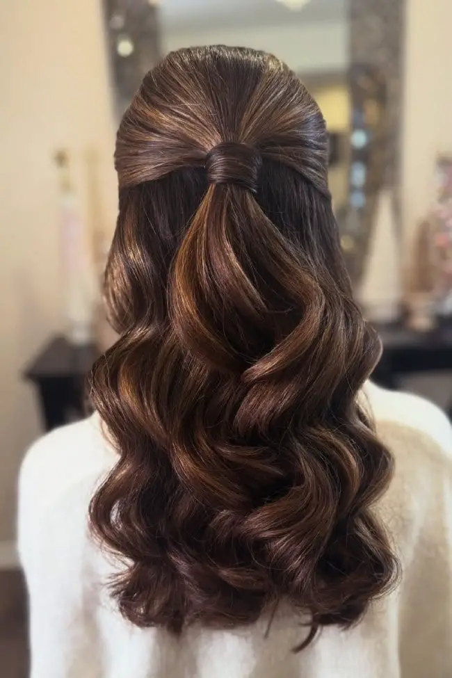 Mid-Back Brown Half Up With Bow-Like Tie Mid-Back Brown Half Up With Bow-Like Tie — Simple Bridesmaid Hairstyles Half Up