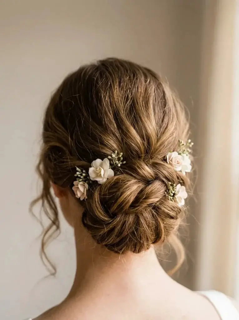 Low Bun With Woven Texture and Flowers Low Bun With Woven Texture and Flowers — Simple Bridesmaid Updos