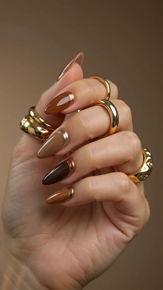 Brown Ombre Bronze Line Almond Nails — Simple Brown Chrome Nails